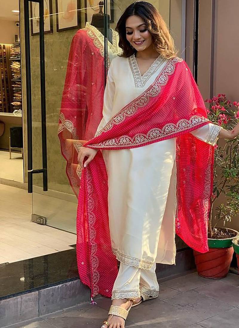 Off white viscose plain sttiched straight suit