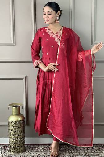 Maroon viscose chanderi anarkali sttiched suit