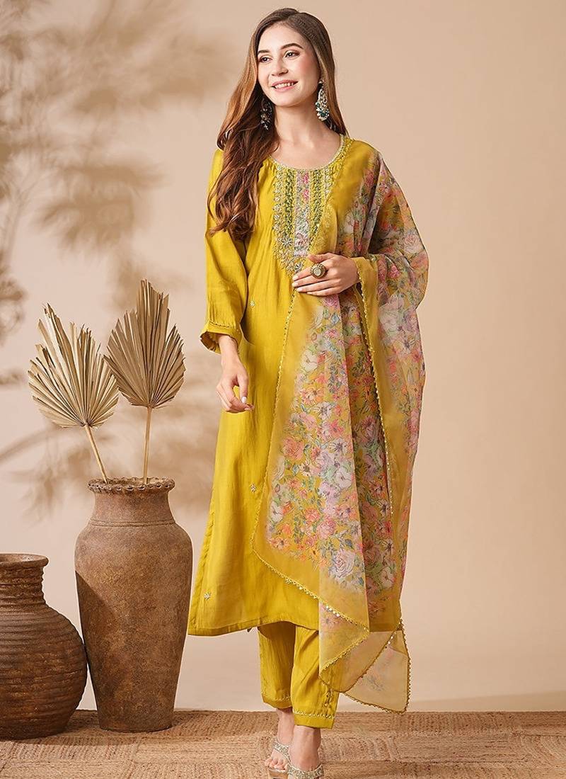 Chanderi cotton embrodiered sttiched suit in mustard