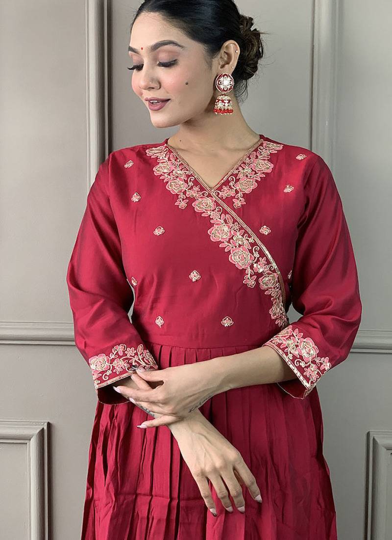Maroon viscose chanderi anarkali sttiched suit