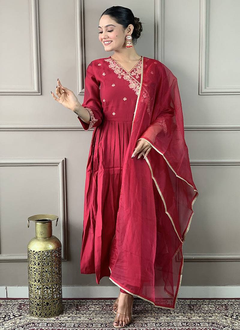 Maroon viscose chanderi anarkali sttiched suit