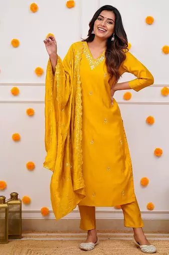 Mustard color chanderi viscose sttiched kurta set
