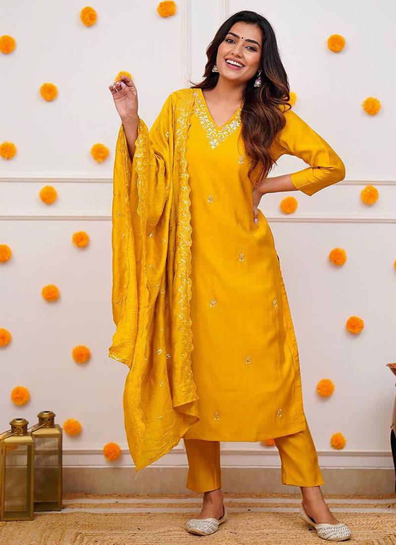 Mustard color chanderi viscose sttiched kurta set