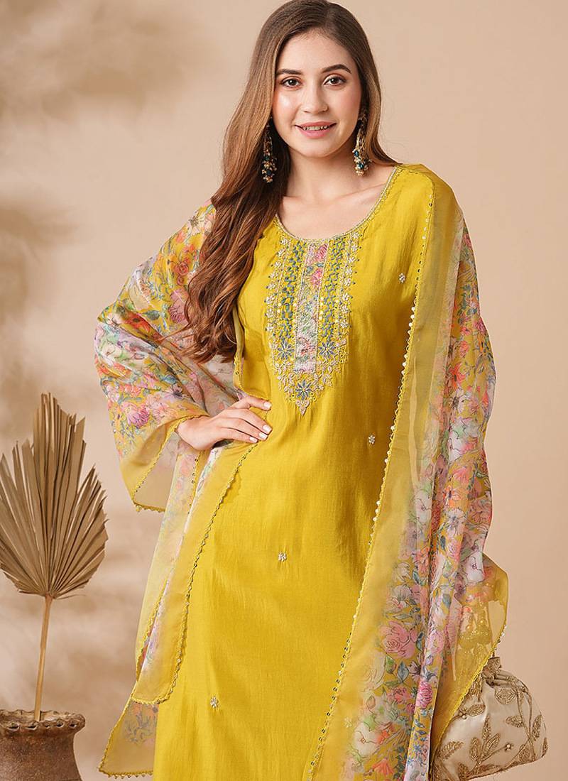 Chanderi cotton embrodiered sttiched suit in mustard