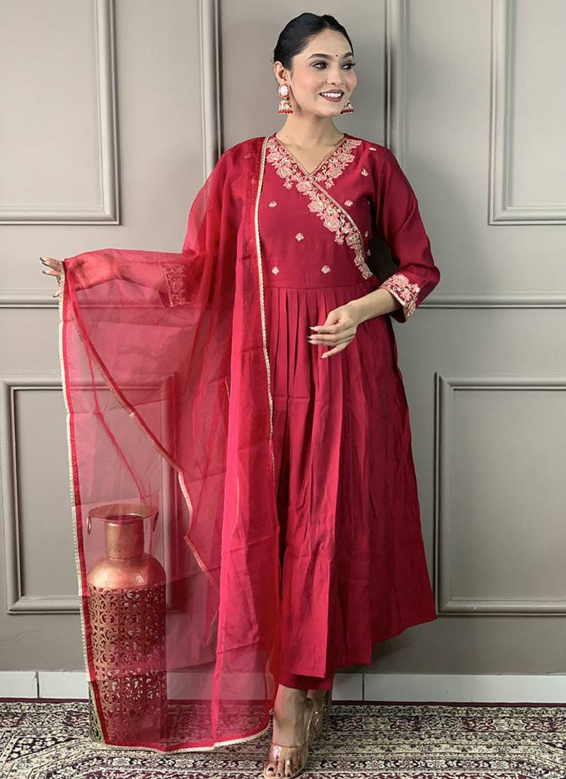 Maroon viscose chanderi anarkali sttiched suit