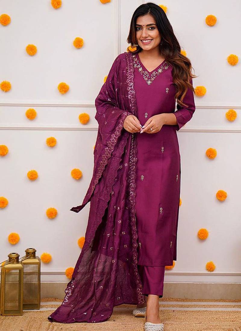 Wine color chanderi viscose sttiched kurta set