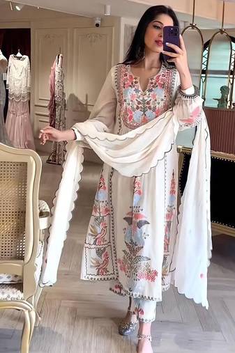 Embroidered anarkali georgette suit in off white
