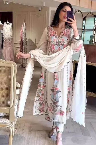 Embroidered anarkali georgette suit in off white