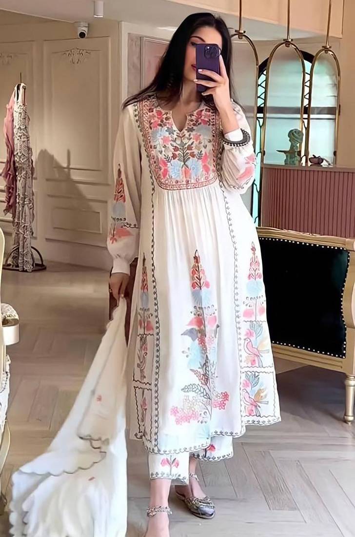 Embroidered anarkali georgette suit in off white