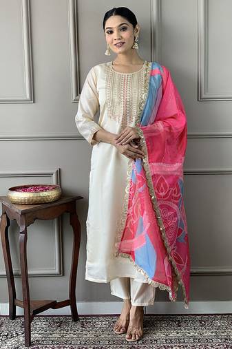 Cream visocse chanderi embroidered kurta set