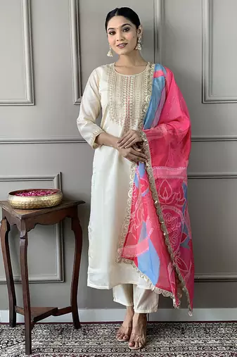 Cream visocse chanderi embroidered kurta set