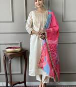 Cream visocse chanderi embroidered kurta set