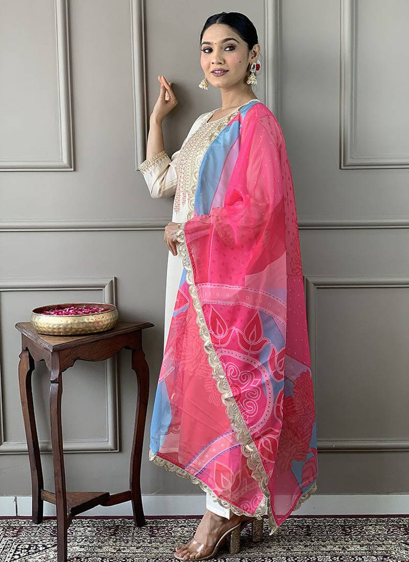 Cream visocse chanderi embroidered kurta set