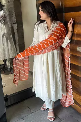 White chanderi viscose ready made anarkali suit