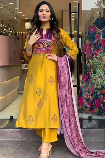 Mustard embroidered print mulsin fabric kurta set