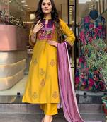 Mustard embroidered print mulsin fabric kurta set