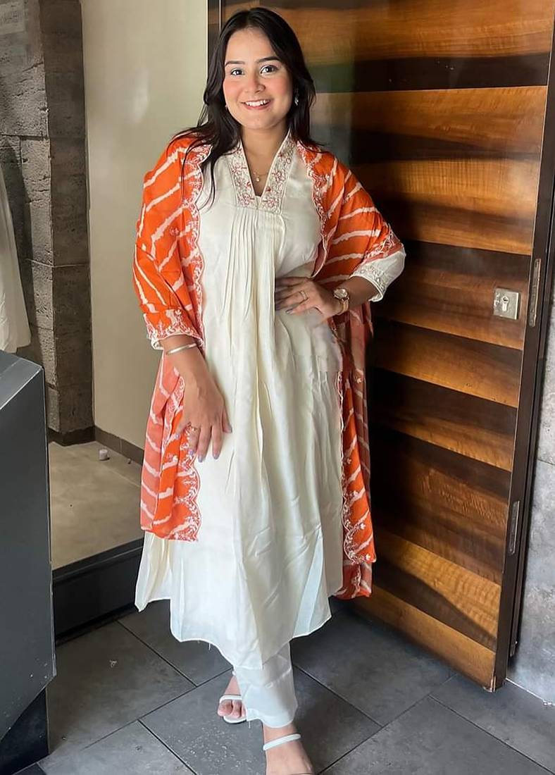 White chanderi viscose ready made anarkali suit