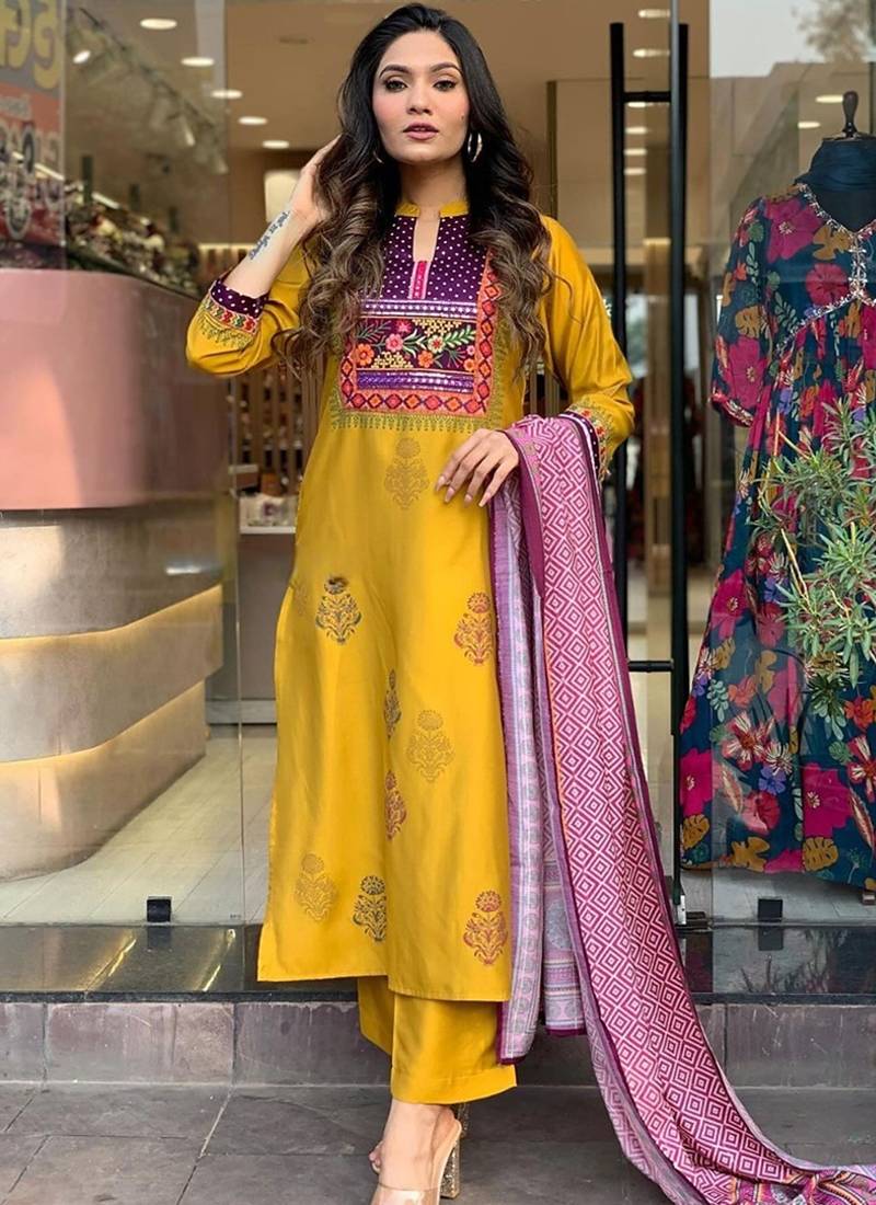 Mustard embroidered print mulsin fabric kurta set