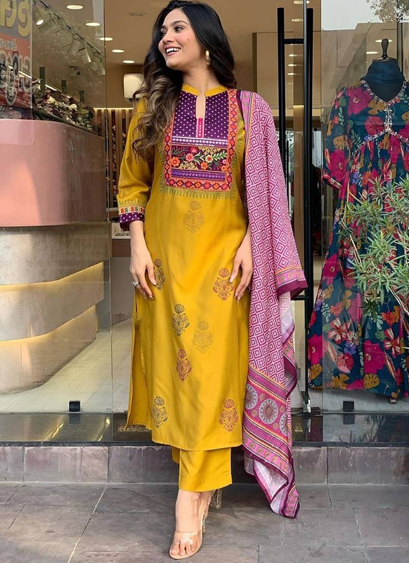 Mustard embroidered print mulsin fabric kurta set