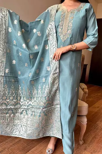 Aqua blue color chanderi viscose straight suit