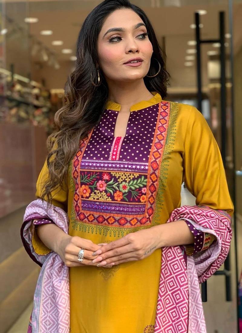 Mustard embroidered print mulsin fabric kurta set