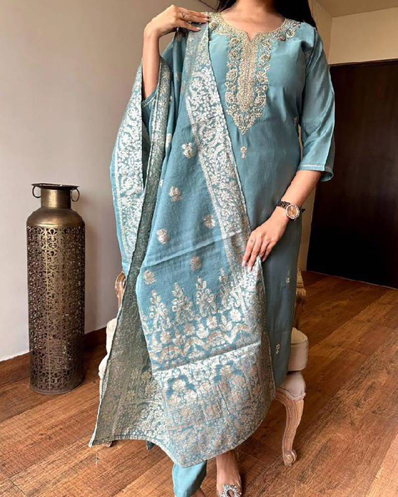 Aqua blue color chanderi viscose straight suit