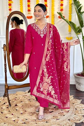 Viscose chanderi embroidered straight suit in rani pink