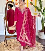 Viscose chanderi embroidered straight suit in rani pink