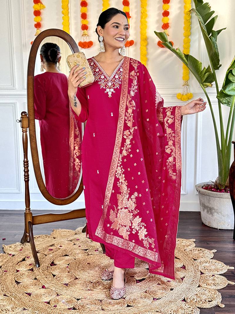 Viscose chanderi embroidered straight suit in rani pink