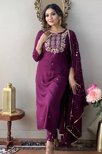 Purple rayon slub embroidered kurta set