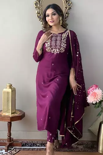 Purple rayon slub embroidered kurta set