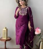 Purple rayon slub embroidered kurta set