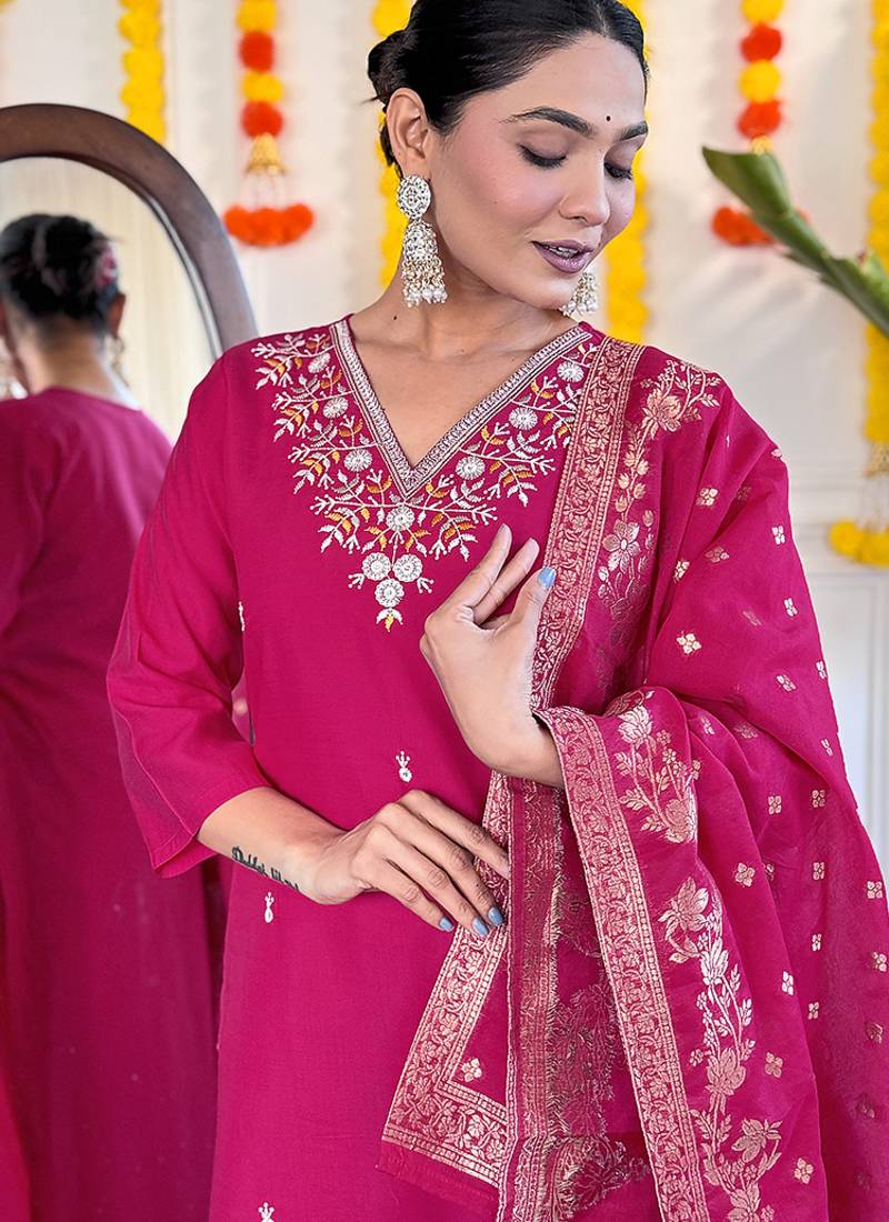 Viscose chanderi embroidered straight suit in rani pink