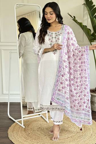 White chanderi embroidered straight sttiched suit