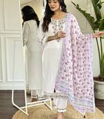 White chanderi embroidered straight sttiched suit