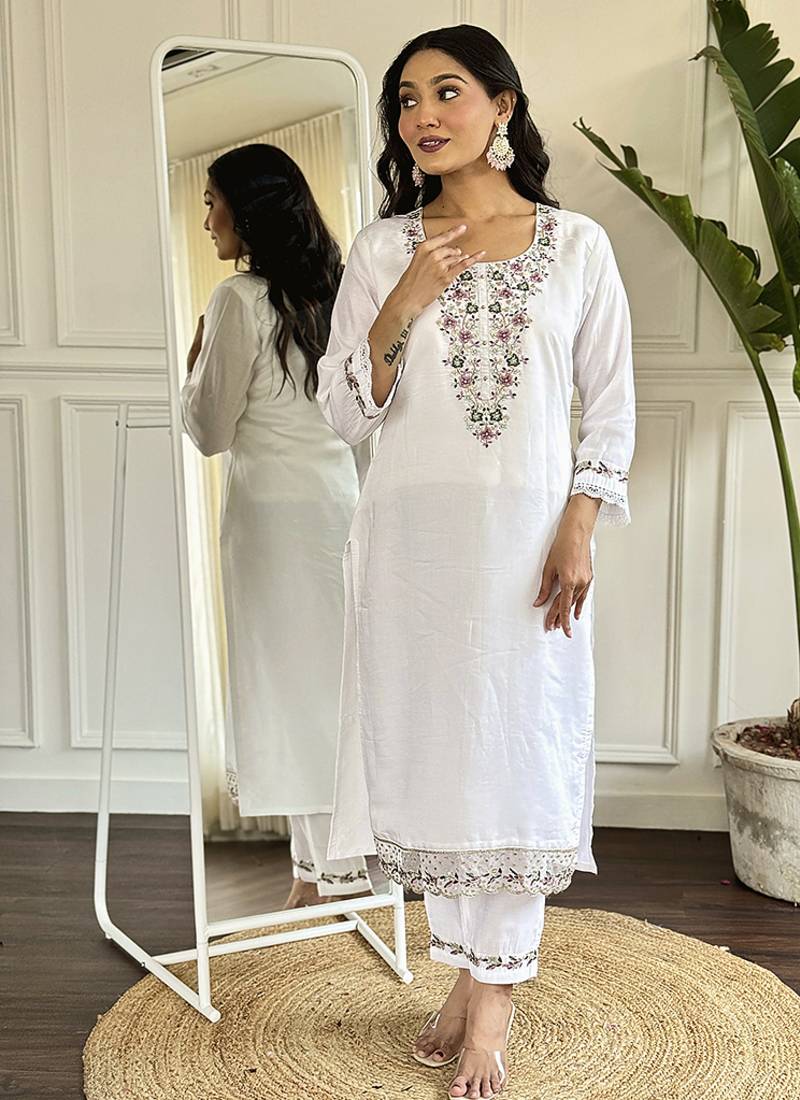 White chanderi embroidered straight sttiched suit
