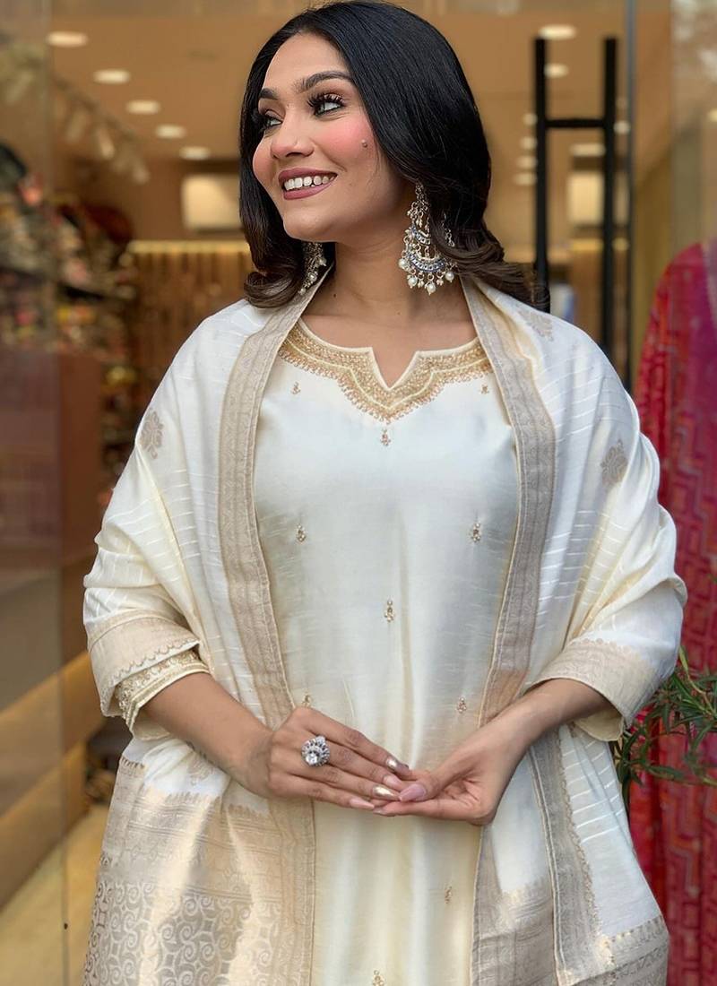 Off white chanderi embroidered straight suit