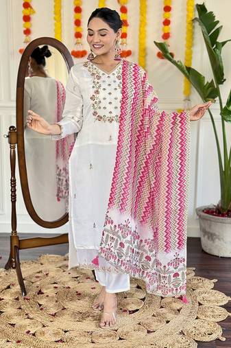 Chanderi embroidered straight suit in white