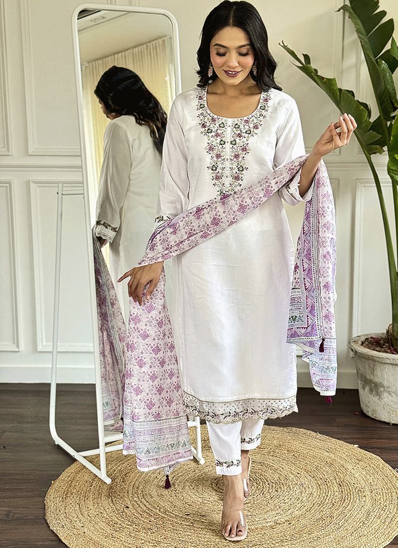 White chanderi embroidered straight sttiched suit