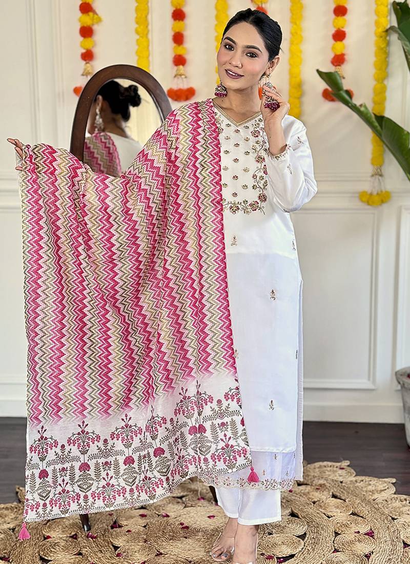Chanderi embroidered straight suit in white