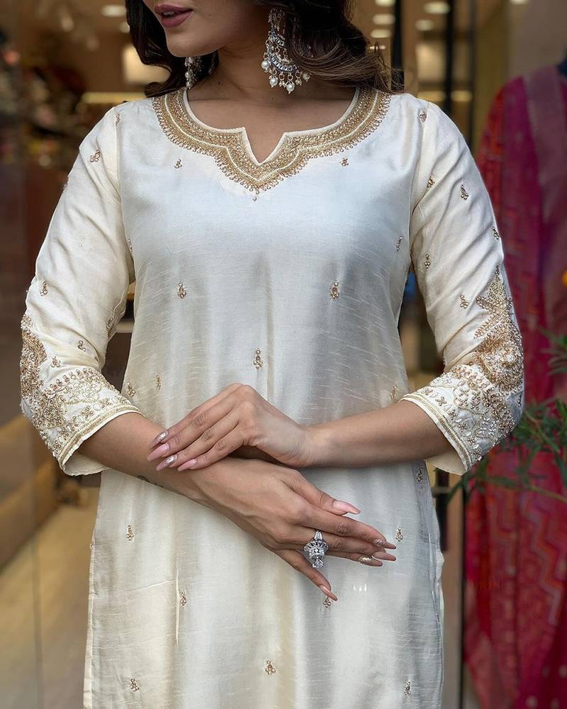 Off white chanderi embroidered straight suit