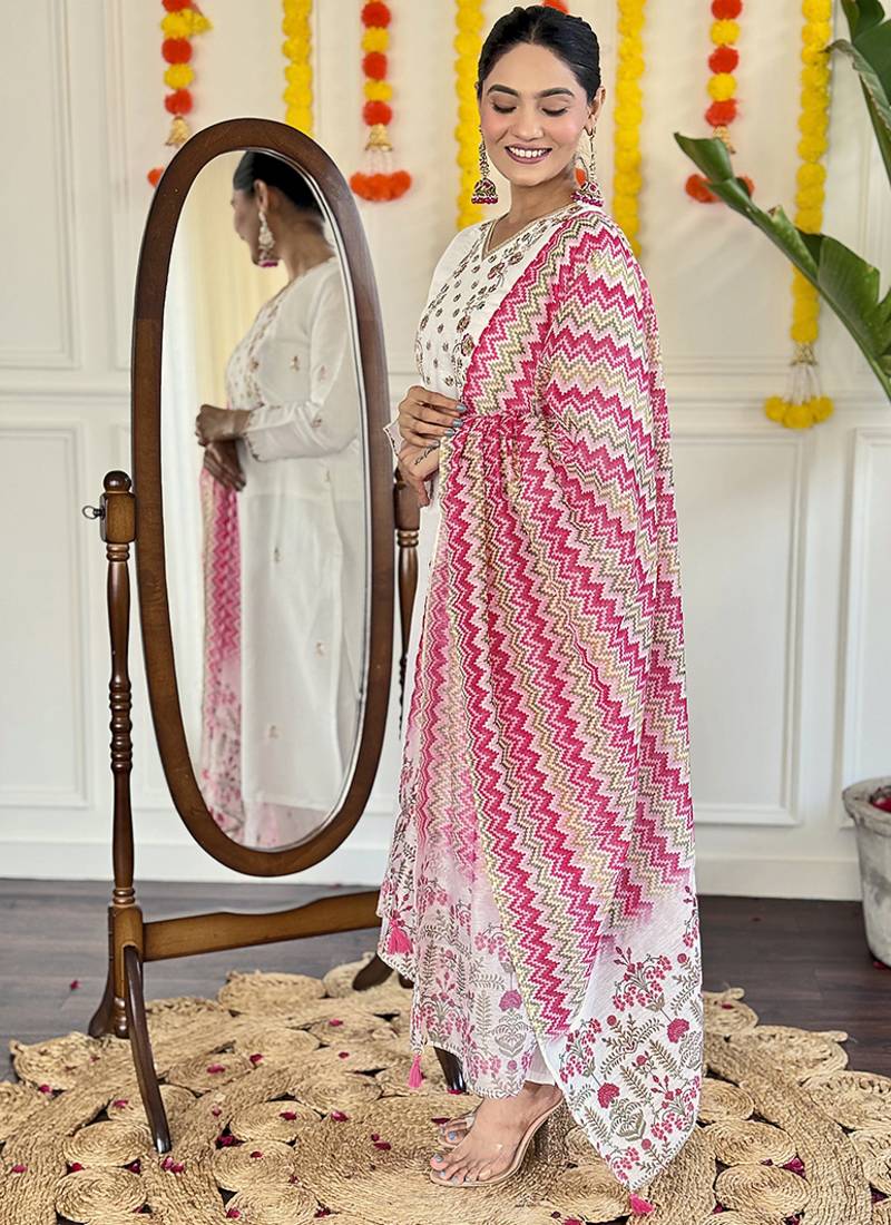 Chanderi embroidered straight suit in white