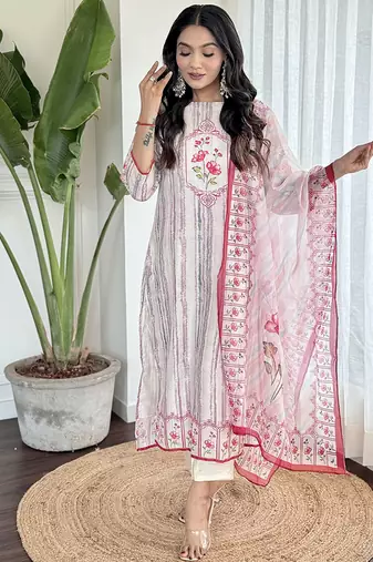White muslin fabric printed sttiched kurta set
