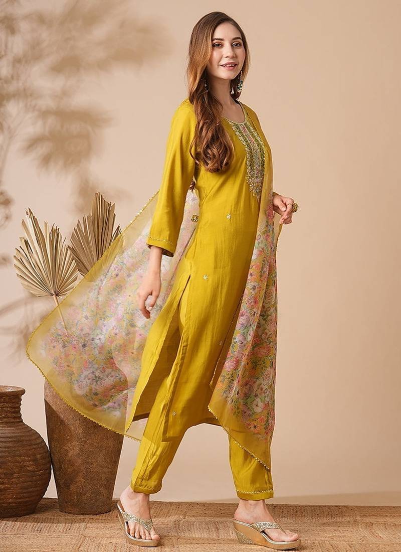 Chanderi cotton embrodiered sttiched suit in mustard