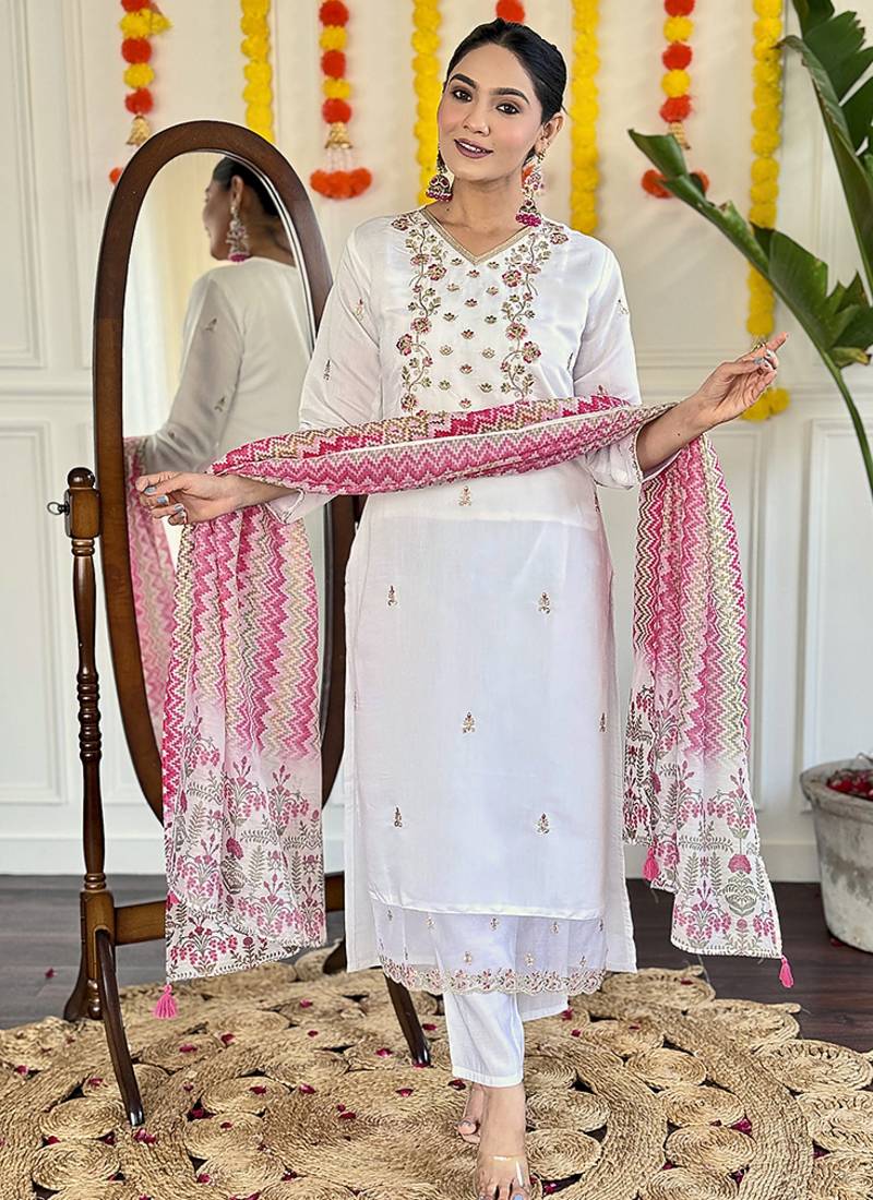 Chanderi embroidered straight suit in white