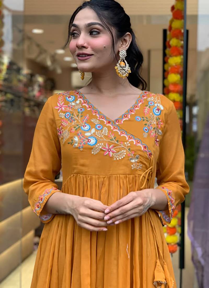 Light orange color viscose chanderi anarkali suit