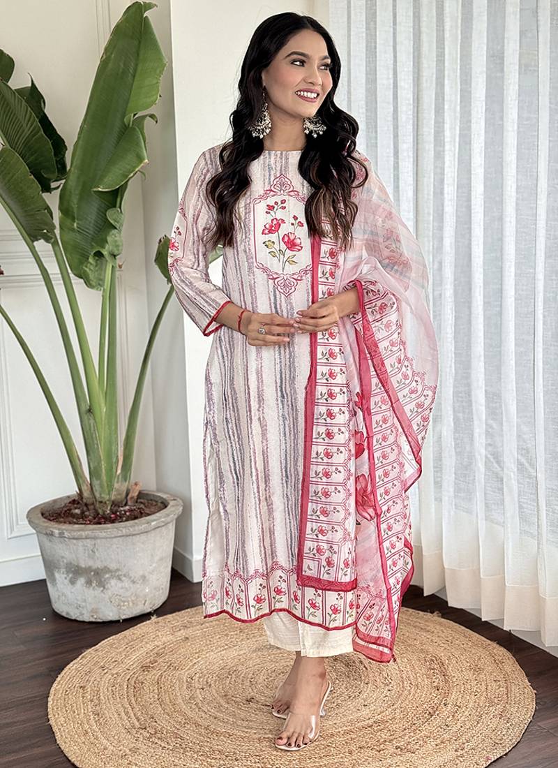 White muslin fabric printed sttiched kurta set