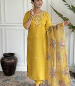 Mustard yellow chanderi viscose readymade kurta set
