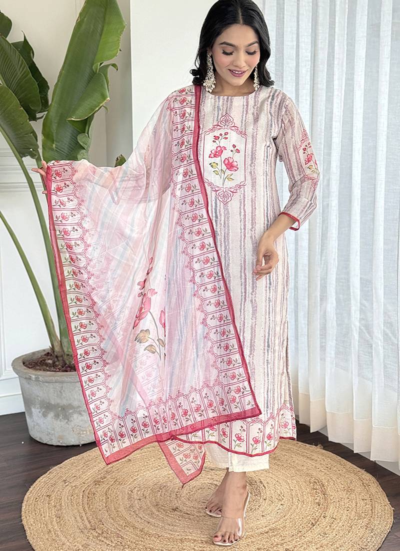 White muslin fabric printed sttiched kurta set