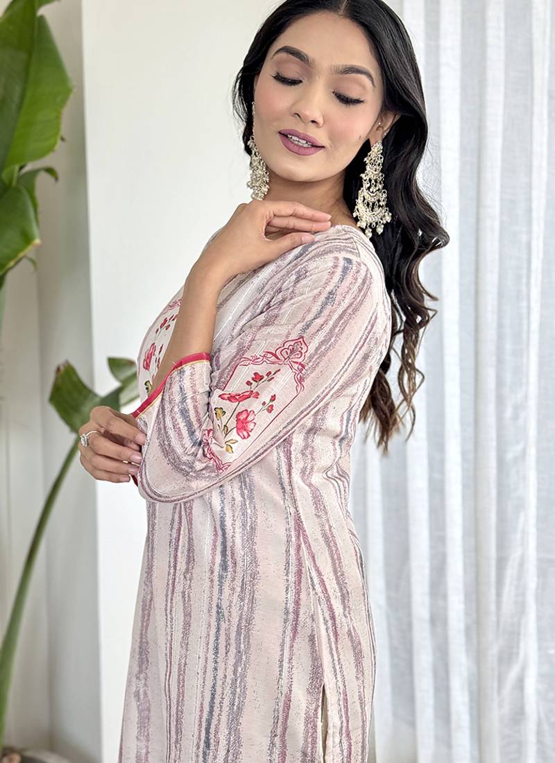 White muslin fabric printed sttiched kurta set